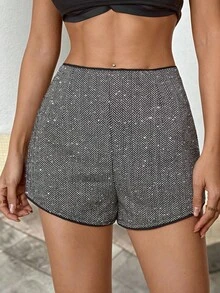 SHEIN PETITE Quần short nữ họa tiết xương cá, thích hợp mặc đi làm, mùa đông, quần áo mùa đông cho nữ, quần áo mùa thu cho nữ, Halloween, Giáng sinh, Năm mới, Lễ Tạ ơn, tiệc tùng, thanh lịch, thường ngày, đính sequin, quần short công sở thường ngày, thời trang mùa thu. - Xám - Xem 4