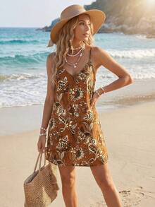 Sylviya 女士波西米亚风印花V领露背度假连衣裙 - 紅木色 - 查看 5