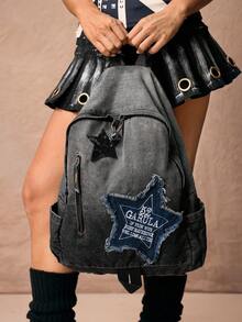 ROMWE Grunge Punk 女士户外牛仔背包大容量学生校园背包 - 黑色 - 查看 5