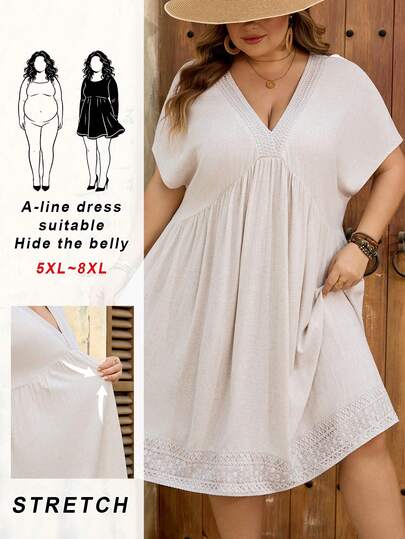 SHEIN CURVE+ Curve 尺码 US22 音乐节、海滨度假、波西米亚风女士夏季亚麻宽松休闲装，米色，适合音乐节、夏季连衣裙、女士夏季休闲连衣裙、西式连衣裙、波西米亚风连衣裙、女士端庄连衣裙、女士衬衫连衣裙