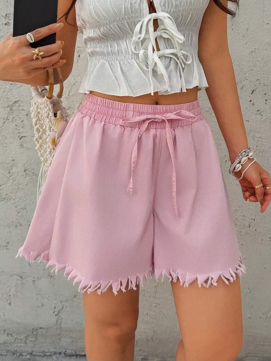 Sunnyshic Women's Casual Fringe Hem Denim Shorts, Summer - Pink - View 1