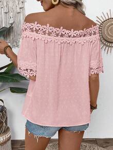 EMERY ROSE Women's Off Shoulder Jacquard Casual Versatile Daily Wear Short Sleeve Blouse - Pink - View 3