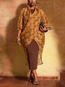 Veslaya 2026 Nouvelle veste de printemps précoce pour femmes grandes tailles, style festival de musique, Pâques, occidental, nomade, anniversaire, remise des diplômes, étudiant, usage quotidien, polyvalent de base, casual, brunch, aéroport, fête, sorties de vacances, banquet élégant, bal, trajet, casual, rétro élégant Top de gamme imprimé organza transparent à manches courtes croisées pour femmes - Multicolore - Voir 2