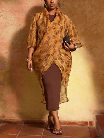 Veslaya 2026 Early Spring Plus Size Women's New Music Festival, Easter, Western, Nomadic, Birthday Party, Graduation, College Style, Student, Daily Wear, Basic Versatile, Casual, Brunch, Airport, Party, Holiday Outings, Elegant Banquet, Ball, Commute, Casual, High-End Elegant Retro Print Organza Sheer Crossover Front Short Sleeve Cover Up Jacket For Women