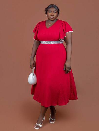 CurvyTilda 大码女式 V 领荷叶边短袖腰部拼接闪亮长款优雅连衣裙夏季长款晚礼服