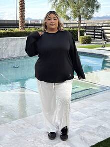 Enliva 加大码宽松休闲黑色长袖圆领T恤女长袖T恤超大码T恤女长袖T恤超大码上衣女式T恤，秋季女士服装 - 黑色 - 查看 4