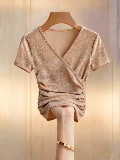 Franclia Elegant Solid Apricot Crossover V-Neck Slim-Fit Pleated Short-Sleeved T-Shirt For Women. Suitable For Everyday Wear, Summer, And Parties. Sparkly Details. From Spring To Summer. Summer Holiday Party Top, Elegant Casual Tops, Shimmering Tops.Fashionable Casual Commuter Wear, Business Office Wear, Versatile And Stylish Everyday Casual Wear, Urban Teacher's Professional Attire