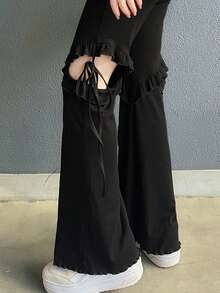 FRIFUL Women's Solid Black Side Slit Lace-Up Bow Flare Pants, Loose Casual Versatile Trousers - Black - View 1