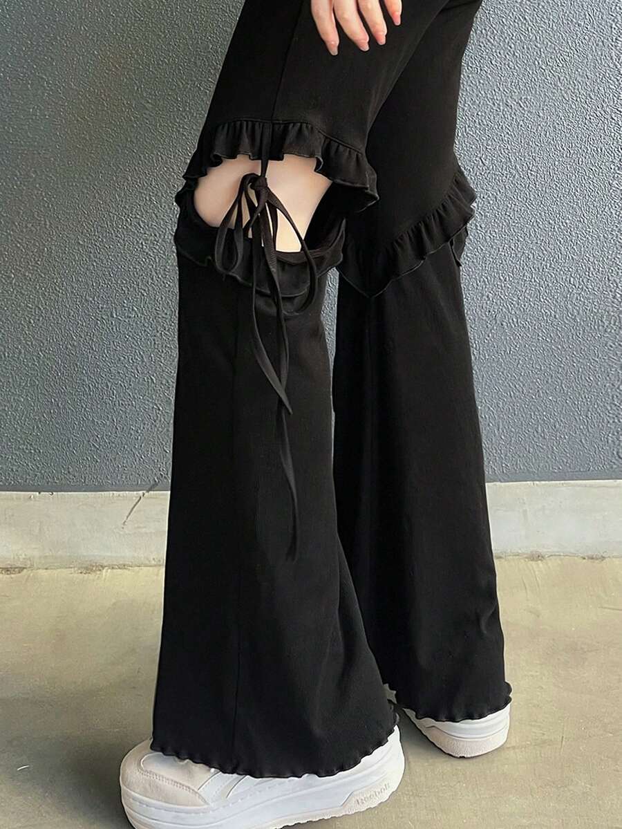 FRIFUL Women's Solid Black Side Slit Lace-Up Bow Flare Pants, Loose Casual Versatile Trousers - Black - View 1