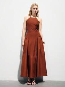 xheAveloria Modichic Vestido casual de estilo vintage color caramelo, diseño de tirantes finos, detalles de cintura alta con pliegues, falda maxi acampanada de corte relajado, mezcla de lino, piel amigable, adecuado para salidas diarias, citas de café, vacaciones de verano, exposiciones de arte y ocio de fin de semana, que muestra elegancia natural y comodidad. Vestido retro francés sin espalda con tirantes anudados, sin mangas, cintura ceñida y falda sobredimensionada.xhe - Naranja - Ver 2