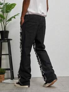 GALLERY FADE Men's Casual Washed Frayed Flare Leg Jeans - Black - View 2