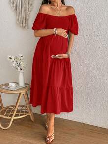 SHEIN 简约休闲纯色方领孕妇连衣裙 - 紅色 - 查看 5