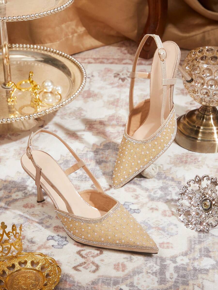 CUCCOO TILAWA Sandalias de tacón de aguja con diamantes de champán para damas - Tacón alto con correa de tobillo, patrón geométrico de tela, adecuado para bodas, eventos formales, uso en todas las estaciones, estilo elegante, cojín interior duradero - Champán - Ver 1