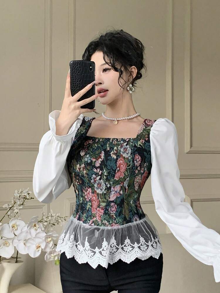 Spring & Summer White & Green 2 In 1 Contrast Color Floral Print Lace Blouse, Elegant For Valentine's Day, Wedding, Party, Fashion Event, Slim Fit, Ruffle Collar & Cuff Long Sleeve Shirt Boho