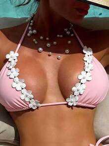 Swim SXY Ensemble de bikini 2 pièces sexy à encolure ras-du-cou, motif floral 3D patchwork noir et blanc. Tenue de plage bohème pour festival - Rose bonbon - Voir 3