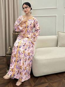 Yasmyna 女士印花长袖优雅阿拉伯风格连衣裙 - 紫色 - 查看 3