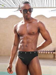 Manfinity VDAYZ Couple Matching Swimwear Black Bikini Wear Men's Triangle Swim Trunk, Solid Color Eyelet Detail Summer Casual Holiday Beach Wear - Black - View 3