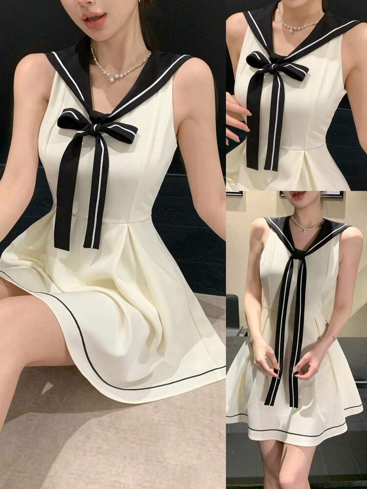 Women's Elegant Contrast Color Patchwork Collar Tie Sleeveless Mini Dress, Summer Wedding Guest Dress Sundress