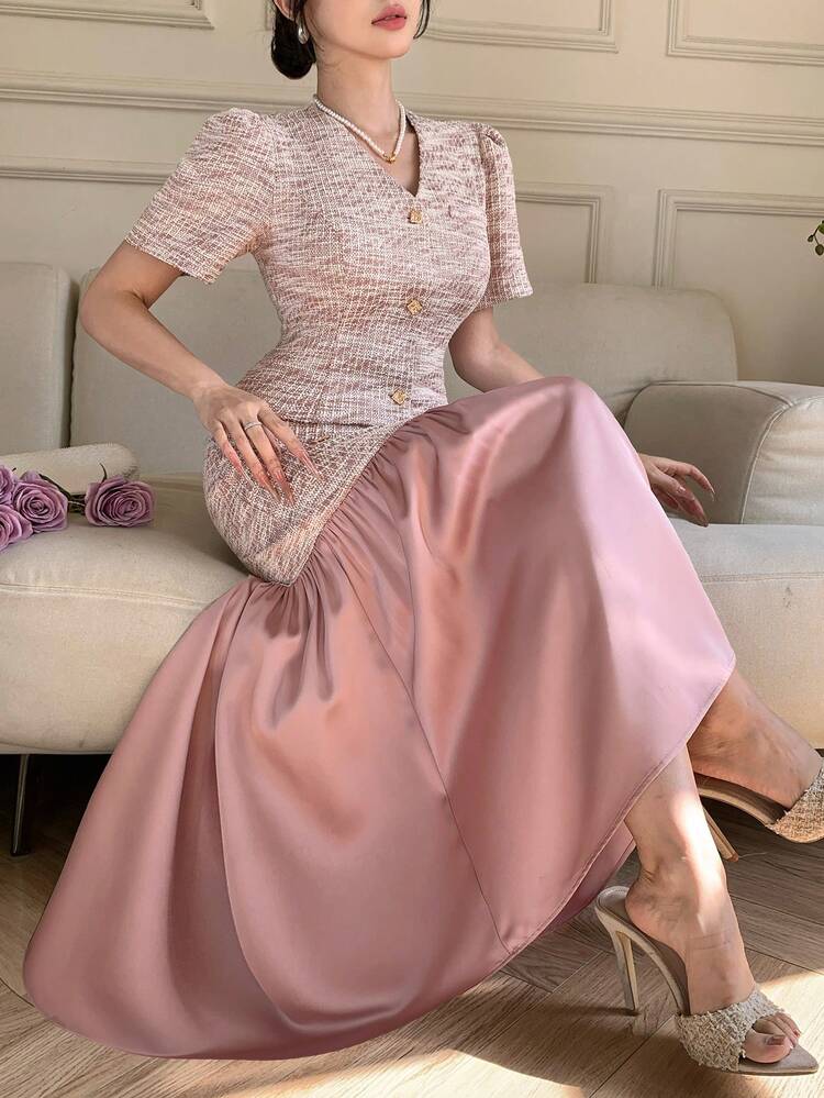 Women's Elegant Faux Pocket Petal Sleeve Top And Color Block Skirt 2-Piece Set, Spring/Summer