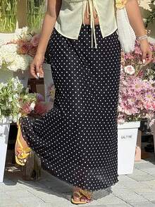 GalTyme 大码波点长款休闲半身裙，夏季百搭 - 黑色 - 查看 4