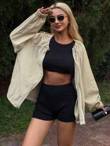 Livesso Women's Loose Fit Raglan Sleeve Round Neck Jacket - Beige - View 5