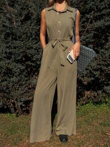 Livesso Women's Sleeveless Collared Jumpsuit With Waist Cinching - Green - View 6