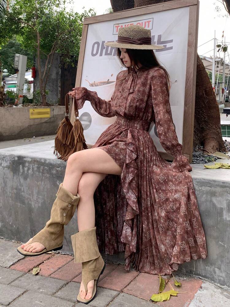 Women's Tie-Up Korean Style Mid-Length Dress Boho