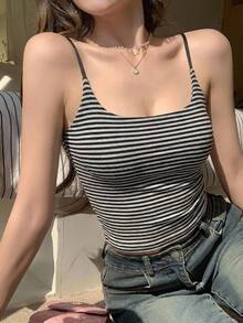 DAZY 夏季女士休闲条纹吊带背心 - 黑與白 - 查看 1