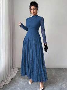 Modelyn Gaun Wanita Model French Style dengan Kerah Tinggi dan Renda serta Pinggang yang Diikat - Navy Blue - View 4