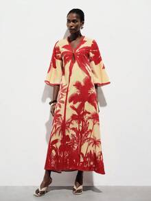 Aveloria Modichic Minimalist Casual Chic Coconut Tree Print Splice Drawstring Waist Flare Sleeve Dress For Women - Multicolor - View 1