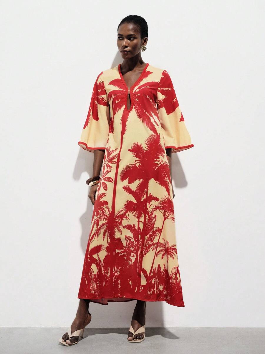 Aveloria Modichic Minimalist Casual Chic Coconut Tree Print Splice Drawstring Waist Flare Sleeve Dress For Women - Multicolor - View 1