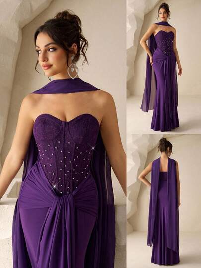 Coutiva Elegant Women's Formal Contrast Lace Dress With Crystal Decor, Bow Tie And Flowing Ribbons, Luxury Evening Gown Purple Evening Dress Elegant Purple Dress Classy Purple Dress Mother Of The Bride Dress Purple Formal Dress