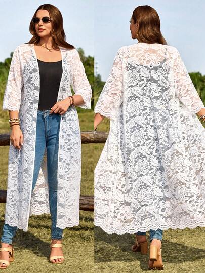 EMERY ROSE Áo khoác cardigan dài tay lửng 3/4 ren dành cho nữ cỡ lớn, màu trắng trơn, thích hợp cho mùa hè, đi nghỉ mát.