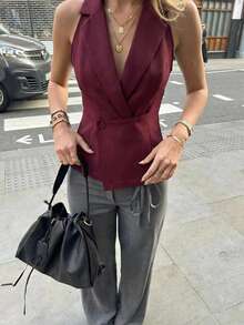 Firerie 女士优雅简约时尚通勤都市风翻领腰带酒红色西装背心 - 酒紅色 - 查看 2
