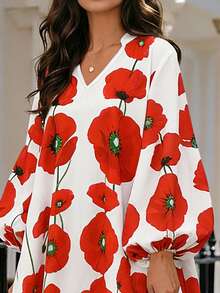 EMERY ROSE Spring/Summer New V-Neck Long Sleeve Casual Floral Print Colorblock Mini Dress For Women - Multicolor - View 4