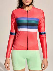 Exploreva Contrast Stripe Fitted Long Sleeve Cycling Jersey - Pink - View 4