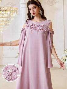 Al Najma Elegant & Modest 3D Floral Off-Shoulder Arabic Style Dress For Women Pink Dress For Women 3d Flower Dress Luxury Dress - Pink - View 2