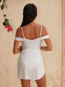 Swim Oasis Women One-Shoulder Solid Color Front Cutout Decor Tankini Two Pieces Swimsuit - White - View 3