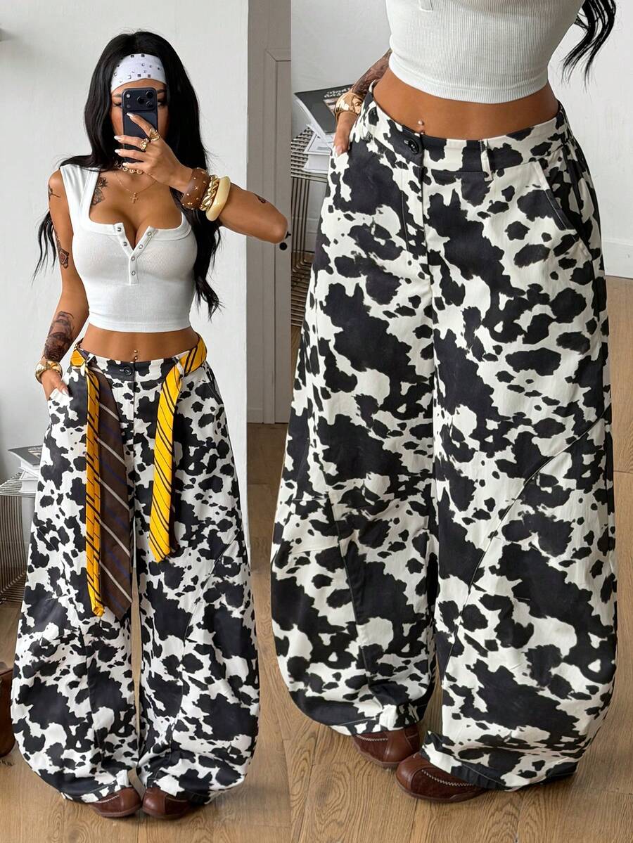 Coolane 女士夏季西部牛仔风街头服饰演唱会Y2K奶牛印花低腰宽松裤 - 黑色 - 查看 1