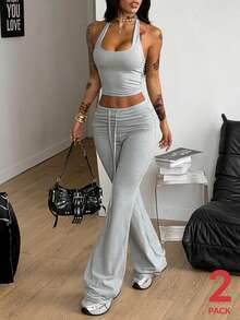 Coolane Bộ đồ thể thao nữ mùa xuân, phong cách đường phố, thoải mái, co giãn, họa tiết, màu xám, gồm áo corset và quần ống loe có dây đeo, 2 món. - Xám - Xem 6