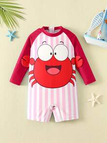 SHEIN 男宝宝可爱螃蟹图案蓝条纹撞色长袖防晒泳衣，适合度假、海滩、冲浪，男宝宝泳装，长袖泳衣 - 紅色 - 查看 3