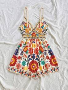 Soleia 女士彩色热带印花连体裤，细肩带设计，金属装饰，适合早午餐、夏季、母亲节、毕业典礼、教堂、海滩、音乐节、机场、下午茶、秋冬季等场合。 - 橘色 - 查看 2