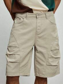 GALLERY FADE Spring/Summer Casual Loose Straight Leg Light Khaki Pleated Denim Shorts - Khaki - View 2