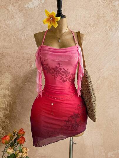 Soleia Women's Gradient Orange Sunset Rhinestone Floral Chiffon Mini Dress, Suitable For Holiday, Date, Afternoon Tea, Beach, Cruise, Island Vacation, City Trip, Music Festival, Boho Vacation, Party, Can Be Worn Inside Or Outside, Beach Set Summer Sexy Dress Pink Dress For Women Mini Dresses Pink And Red Dress Pink Club Dress,Beach Dress