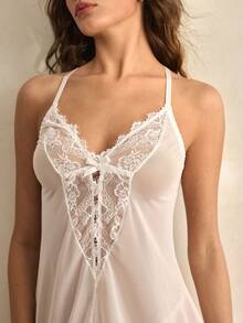 Charlaine White Lace Patchwork Deep V Sheer Romantic French Style Elegant Sophisticated Women's Nightgown - White - View 5