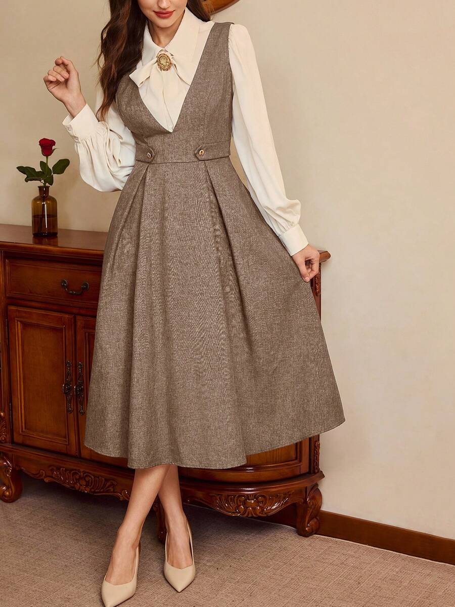 Vintamour 复古经典优雅女士修身无袖连衣裙，腰带金属纽扣V领伞裙摆，藏蓝色 - 棕色 - 查看 1