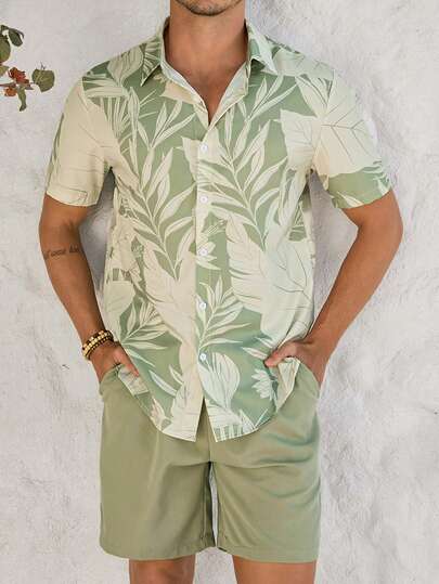 VIVINTIMO 男士热带植物印花短袖衬衫和短裤沙滩装男士泳裤男士度假装，夏威夷风