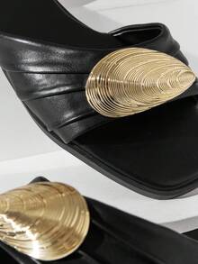 Solezae Women's Fashionable Comfortable Gold Metal Ornament Slip-On Flat Sandals - Black - View 5