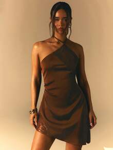 Athîral Women's Casual Brown Satin Contrast Lace Halter Mini Dress, Relaxed Holiday Style, Asymmetric Hem - Brown - View 4