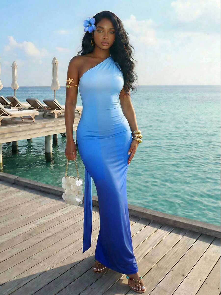 Slaydiva Nuevo vestido largo y ajustado de mujer de estilo azul degradado con un hombro y espalda descubierta, ideal para primavera/verano, festivales de música, estilo occidental, nómada, fiestas, fiestas en la piscina, ropa de resort sexy, cruceros, playa, tomar el sol, vacaciones, con un estilo elegante y romántico.